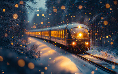 Vintage train traveling through a snowy winter night with glowing warm lights, snowflakes, and soft bokeh effects, serene nostalgic railway journey under a dark evening sky