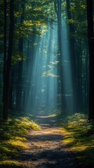 Fototapeta premium A serene forest path illuminated by sunlight filtering through the trees.