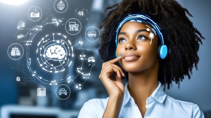 Engineer wearing augmented reality headset visualizing futuristic interface with brain and icons