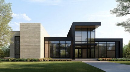 Modern Luxury Home Exterior Design - Elegant home, modern architecture, spacious windows, stone facade, sleek design. Represents luxury, contemporary living, and sophisticated style.