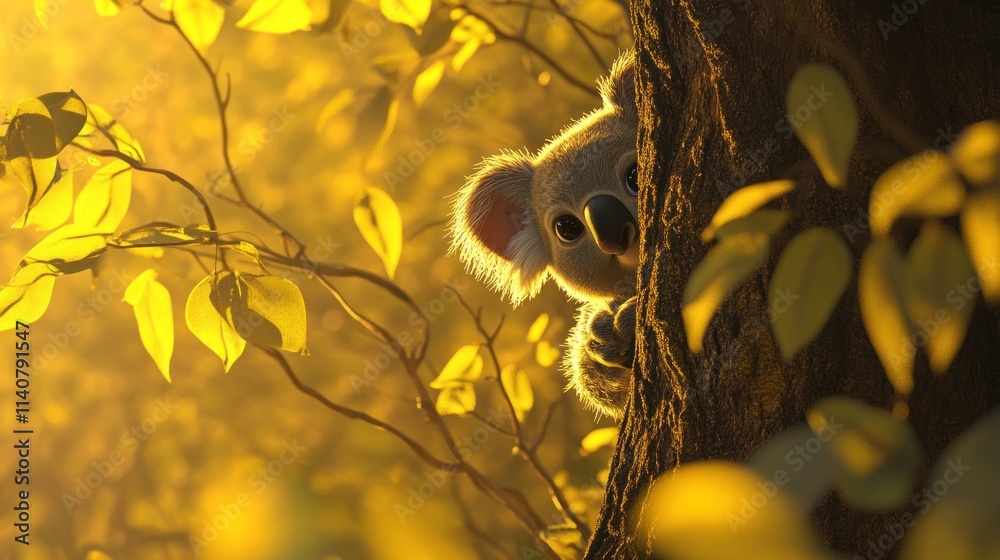 Poster a cute koala peeks from behind a tree, surrounded by soft golden light and leaves.