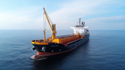 Aerial View of Bulk Carrier Ship Navigating Calm Ocean Waters Under Clear Blue Sky