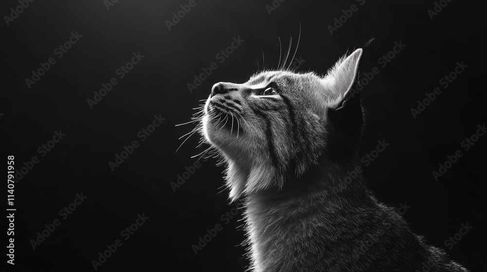 Poster a black and white image of a cat gazing upwards, highlighting its features and expression.