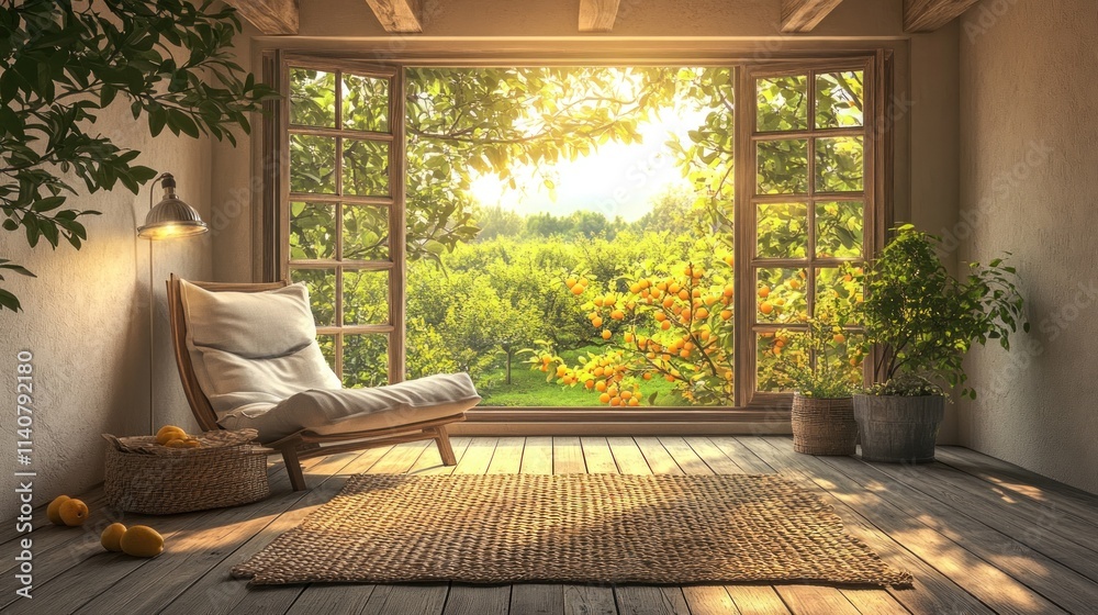 Aufkleber a serene room with a cozy chair and a view of a lush garden through large windows.