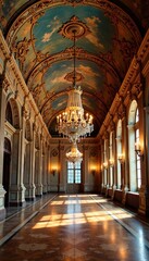 Obraz premium Grand hall with frescoed ceilings and ornate chandeliers, lighting, art nouveau