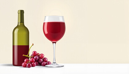 Glass of red wine with grapes and wine bottle on light background