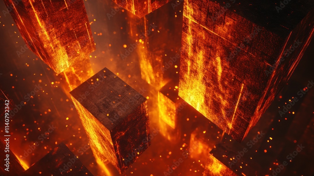 Fototapete abstract representation of floating blocks surrounded by lava and sparks.