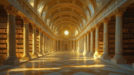 Obraz premium Sunlit classical library, columns, and ancient books.