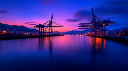 Obraz premium Vibrant sunset over harbor with industrial cranes and calm water reflections.