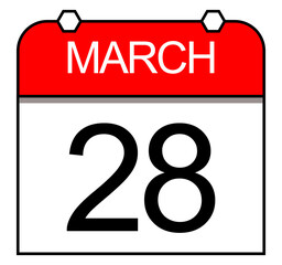 March 28. Daily calendar with simple design isolated on transparent background.