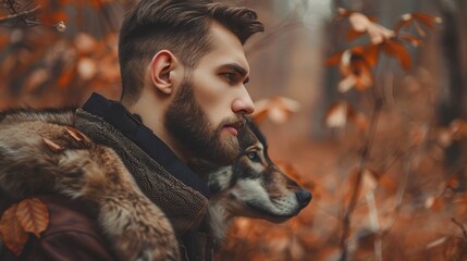 A captivating encounter  a man and a wolf lock eyes in a moment of mutual curiosity