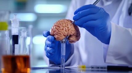 Scientist examining anatomical brain model in laboratory setting