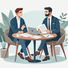Obraz premium Partners meeting for business discussion with documents and laptop on desk. Couple at round table, speaking, discussing work, partnership. Flat vector on a white background