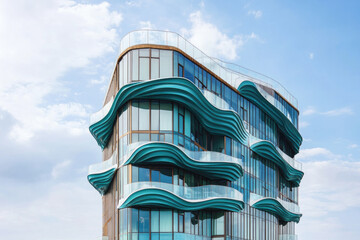 Modern urban architecture with unique curved facade against a blue sky