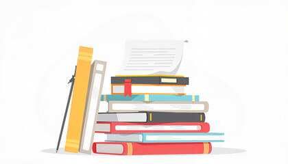 Stack of colorful books and stationery on white background.