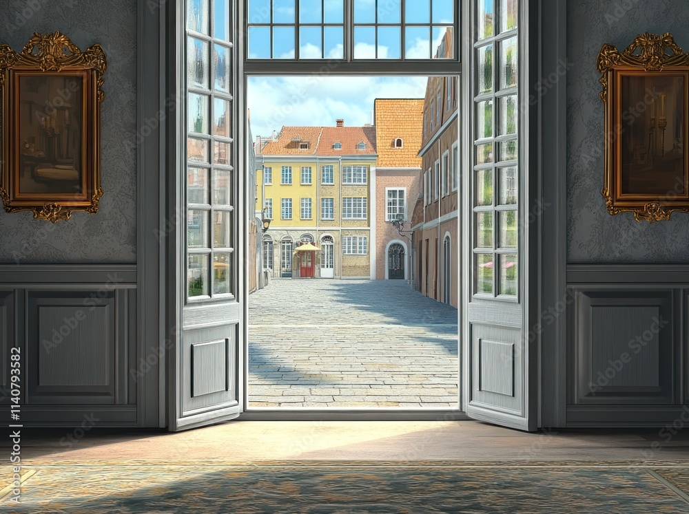 Aufkleber a view from an elegant room overlooking a charming square with colorful buildings.