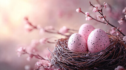 Obraz premium Easter composition with colored pastel Easter eggs in nest from willow branches on a pastel lilac background.