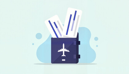  Travel wallet with plane tickets and airplane icon on a light background