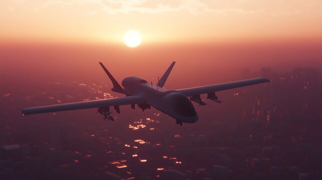 Military drone patrolling city skyline at sunset during conflict