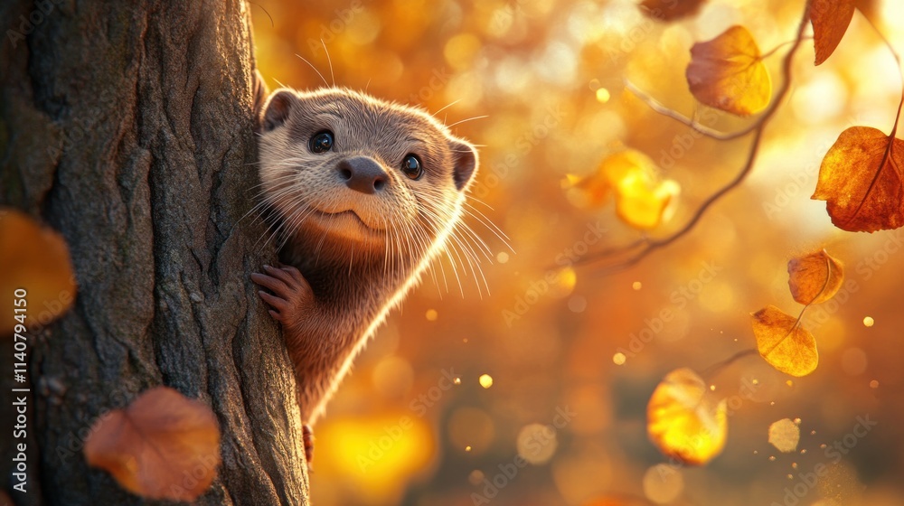 Poster A curious otter peeks from behind a tree in a vibrant autumn setting.