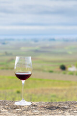 Glass of pinot noir red wine in early spring vineyards near Aloxe-Corton, Burgundy, France