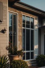 Exterior view of a house showcasing beige siding, brown stone accents, and large multi-paned windows.  Landscaping includes potted plants and shrubs.  The scene is illuminated by natural sunlight.
