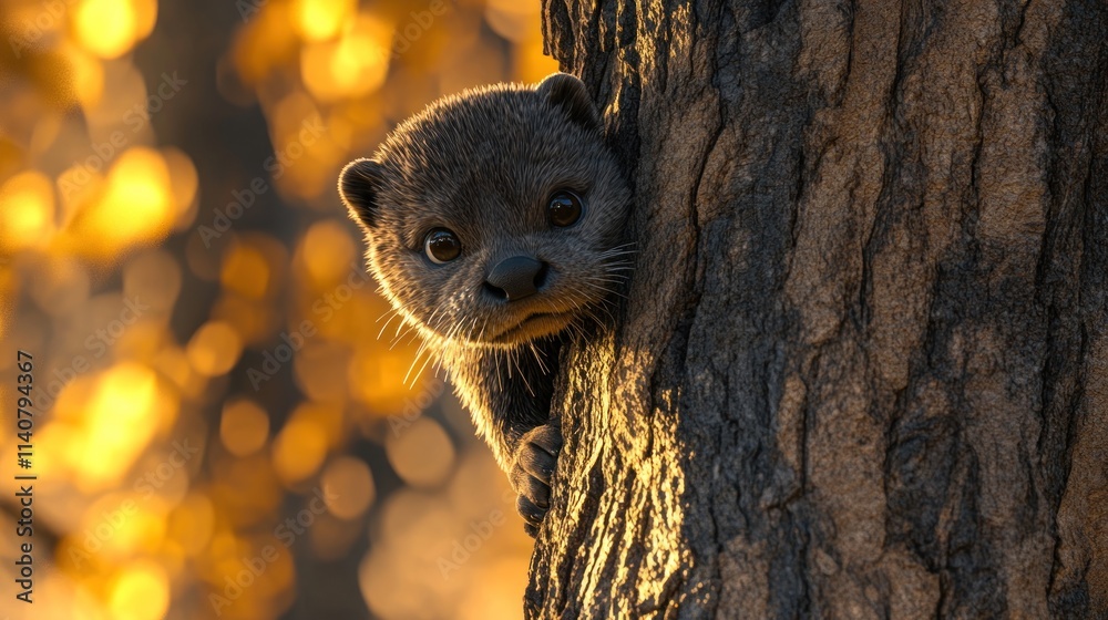 Poster a curious otter peeks from behind a tree, surrounded by warm autumn colors.