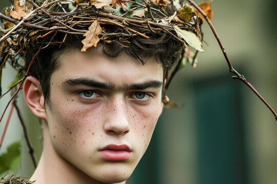 Young caucasian male with freckles wearing leafy crown in forest setting