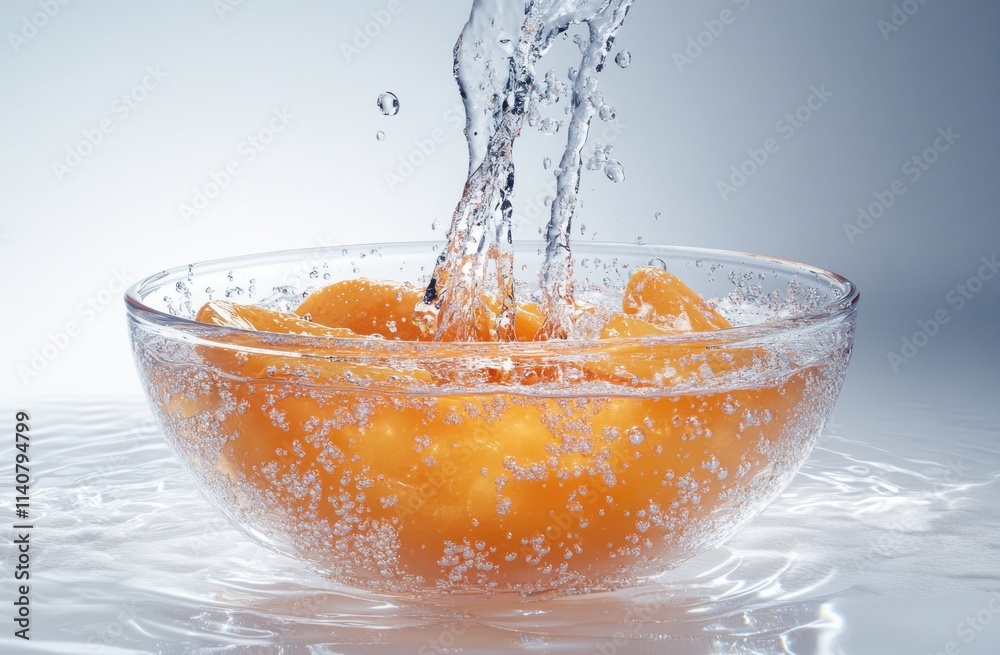Poster a splash of water over orange fruits in a glass bowl, creating a refreshing visual effect.