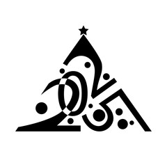 2025 concept. Logo. Christmas tree is drawn in the form of a triangle of the numbers of the year 2025, stars on top and New Year's balls. Stock vector illustration in black 