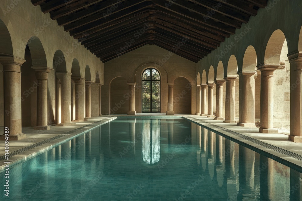 Poster a serene indoor pool area with arched windows and columns, reflecting tranquility and relaxation.