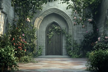 Enchanted Gothic Courtyard with Ornate Door.