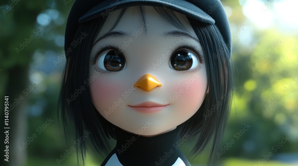 Aufkleber a cute animated character with a bird-like appearance and big expressive eyes.