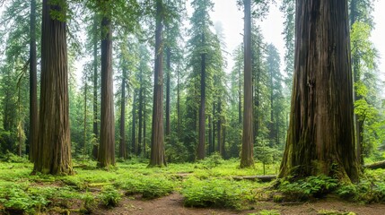 Obraz premium A serene forest scene featuring towering trees and lush greenery.