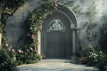 Fototapeta premium Enchanted Gothic Archway Entrance with Blooming Roses.