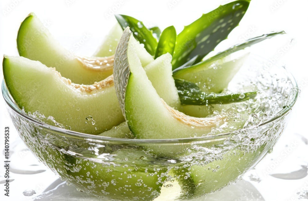 Poster fresh melon slices and aloe vera in sparkling water, showcasing a refreshing beverage.