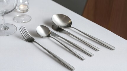 Silver Cutlery Set Arranged on a White Tablecloth