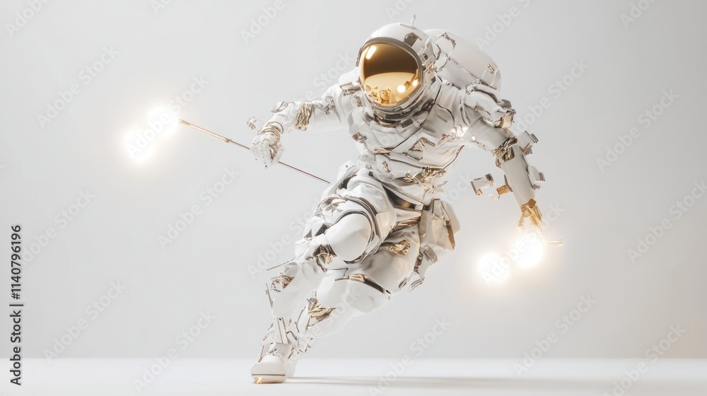 Poster a futuristic astronaut in motion, showcasing advanced technology and design.