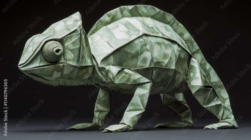 Poster a detailed origami representation of a chameleon, showcasing intricate paper folding techniques.
