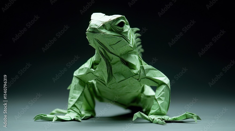 Poster a detailed origami representation of a lizard, showcasing intricate paper folding techniques.