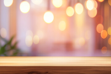 Warm wooden tabletop with cozy defocused lights in background