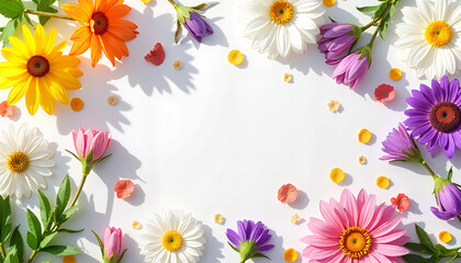 Obraz premium Colorful daisies and petals arranged on white background