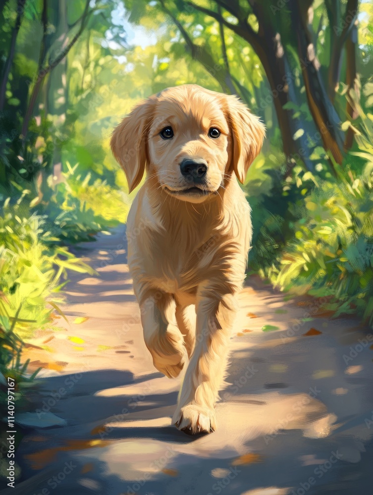 Poster a playful golden retriever puppy running along a sunlit forest path.