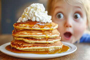 Excited young child gazing at syrup-drenched pancakes with whipped cream - Powered by Adobe