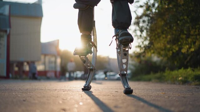 Low-angle view of a person using spring stilts outdoors in an urban setting with trees, parked cars, and blurred background. The focus is on their legs and stilts, with light emphasizing the movement