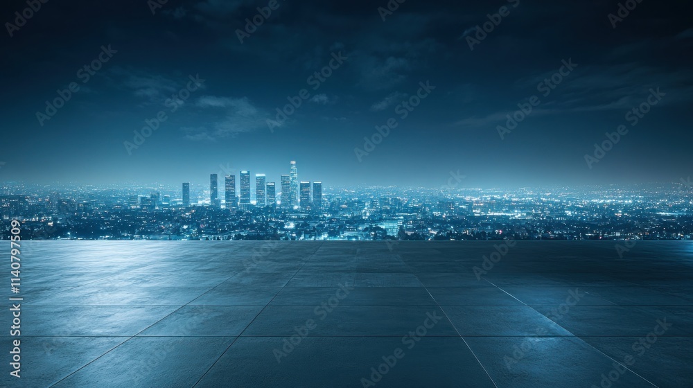 Poster a serene night view of a city skyline with a smooth, reflective surface in the foreground.
