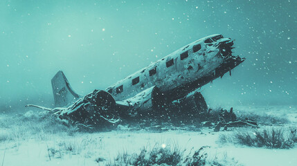 Abandoned airplane wreck in a snowy winter landscape with a deteriorating fuselage under a cold moody sky, evoking solitude, mystery, and decay