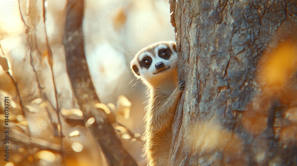 Poster a curious meerkat peeks from behind a tree in a warm, golden-lit environment.