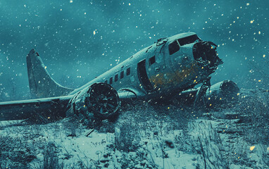 Abandoned airplane wreck in a snowy winter landscape with a deteriorating fuselage under a cold moody sky, evoking solitude, mystery, and decay