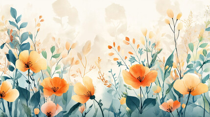 Vibrant watercolor petals and leaves patterns, light soft floral abstract background with soft and pastel watercolor stains, Luxurious and soft color Watercolor Floral Art with Beautiful Bouquet.